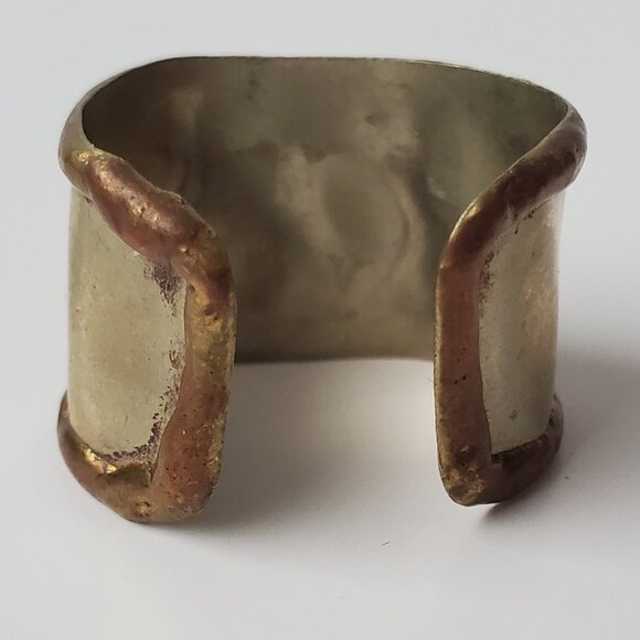 Vintage Handmade Metal Cuff Ring Unisex Mixed Metal Colours Oval Cabochon Stone - Picture 2 of 4